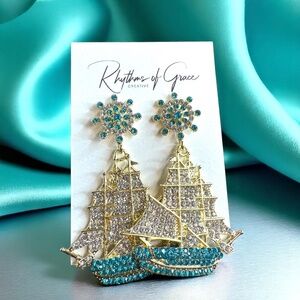 Sail Away in Style: Rhinestone Sailboat Dangle Earrings NWT Sailor Jewelry